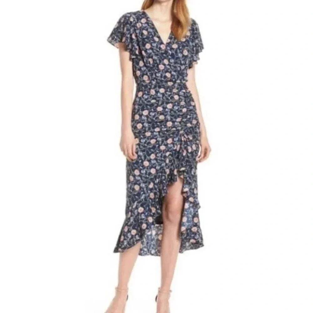 Chelsea28 Women's Size XS Pink Floral Ruched Hi Low Midi Dress